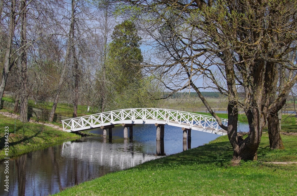 Spring in the State museum-reserve of Alexander Pushkin «Mikhailovskoye». The wooden footbridge through the pond. Russia, Pskov Oblast, historical Pushkin places