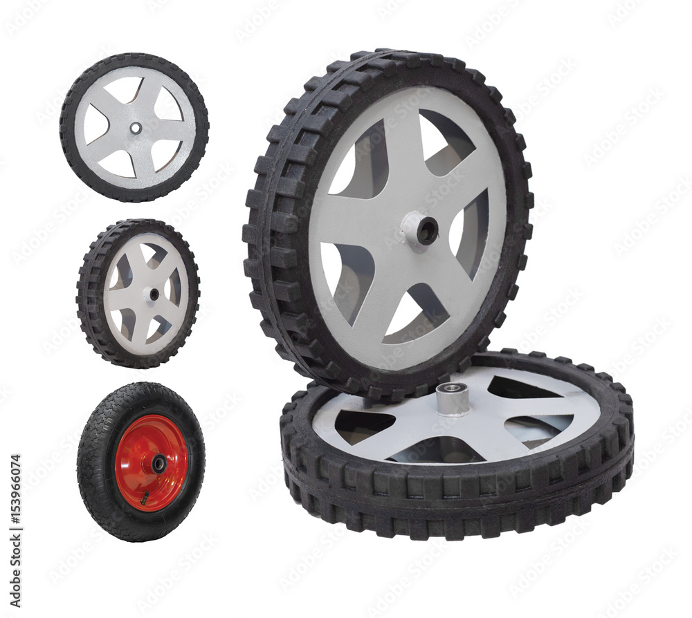 wheels for wheelbarrow set isolated on white wheels for wheelbarrow set isolated on white