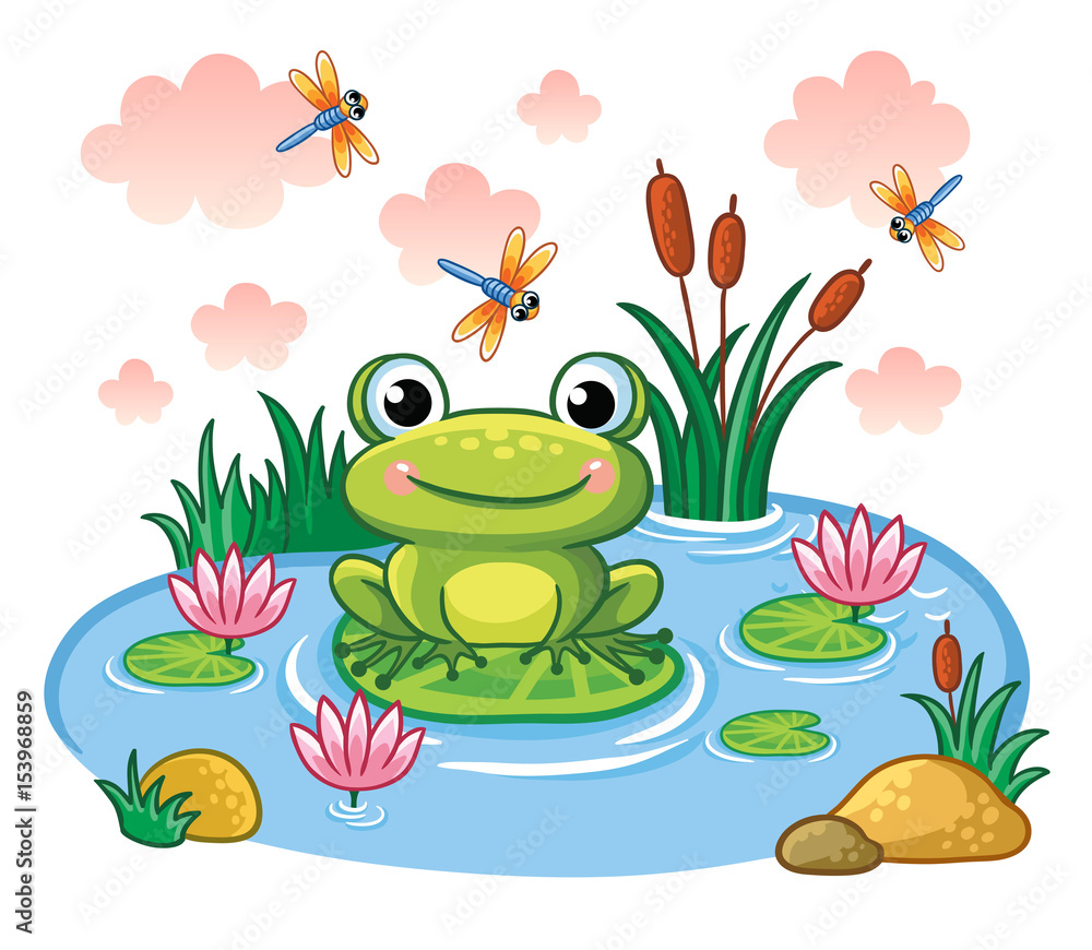 Fototapeta premium Żaba siedzi na liściu w stawie. Ilustracja wektorowa w stylu dla dzieci. Jezioro z owadami i zwierzętami.