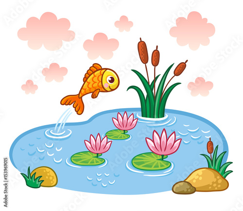The fish jumps into the pond. Vector illustration with lake and fish.