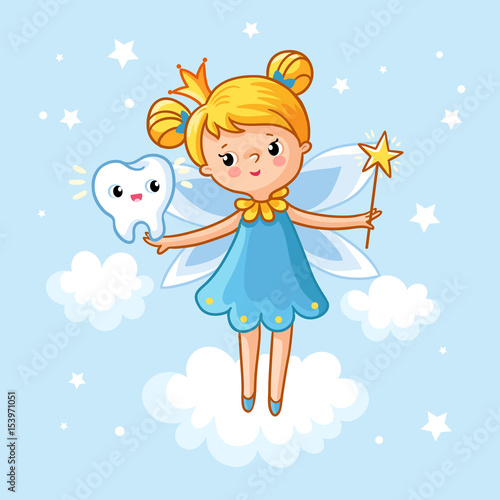 Tooth Fairy. Lovely fairy with a tooth and a magic wand. Vector magic illustration. A girl with wings in the clouds.
