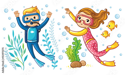 A boy and a girl swim under the water in a scuba diving with fish. Vector illustration with children diver.