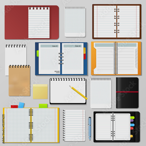Set of open realistic notebooks clean pages diary template booklet blank paper writing pad organizer vector illustration.