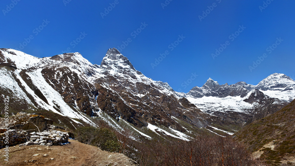 Panoramic view of the Himalayas on the way to Gokyo lakes, Nepal. Everest basecamp trek.