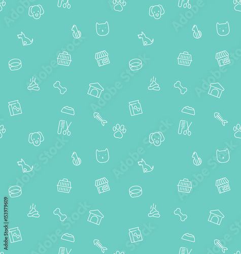 Seamless pattern and background with thin line icons related to pets and animals for pet shop websites and prints. Vector illustration.