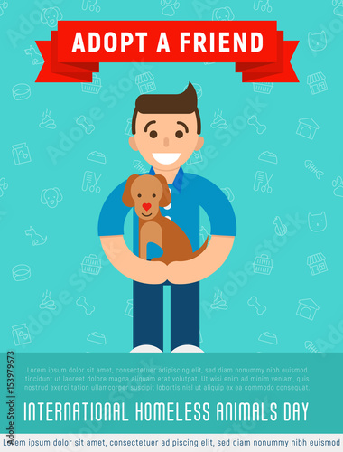 Happy man is hugging an adopted happy dog. Flat style. Vector illustration for pet adoption poster.