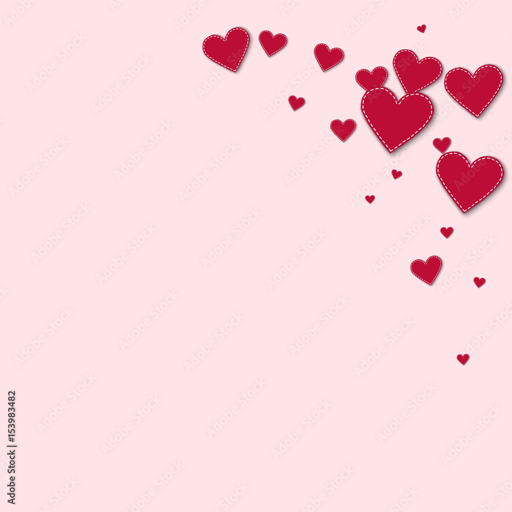 Red stitched paper hearts. Top right corner on light pink background. Vector illustration.
