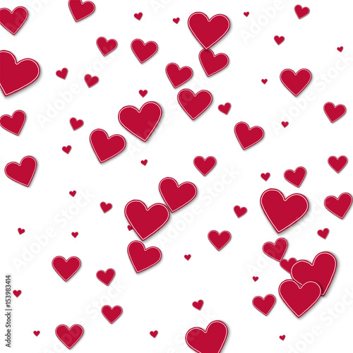 Cutout red paper hearts. Scatter vertical lines on white background. Vector illustration.