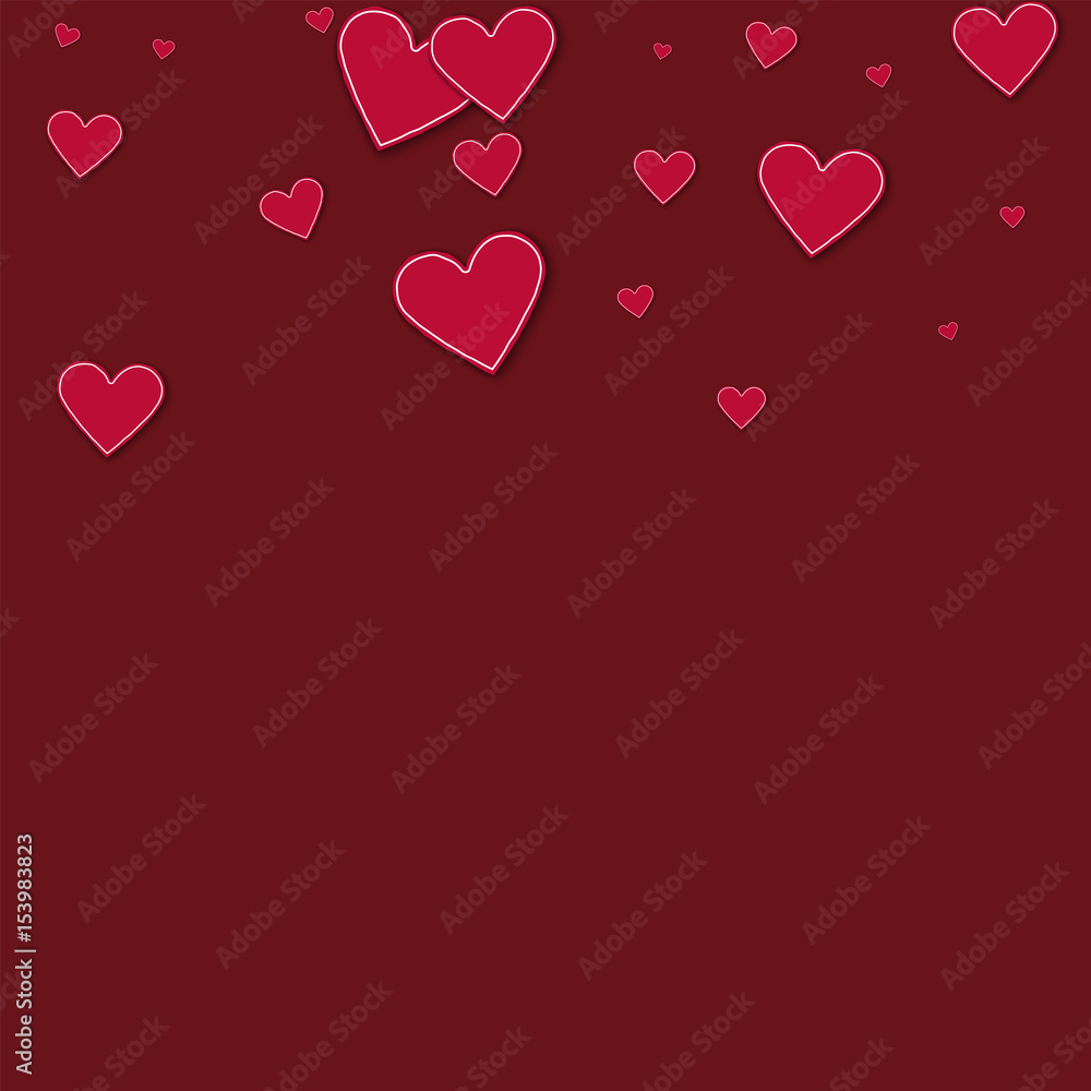 Cutout red paper hearts. Scatter top gradient on wine red background. Vector illustration.