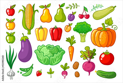 Vector set with vegetables. A collection of vegetarian food. Fruits and vegetables.