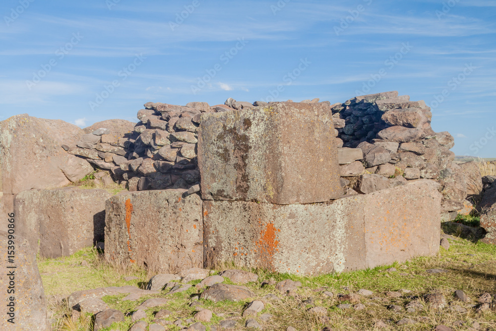 Ruins of funerary towers in Sillustani, Peru