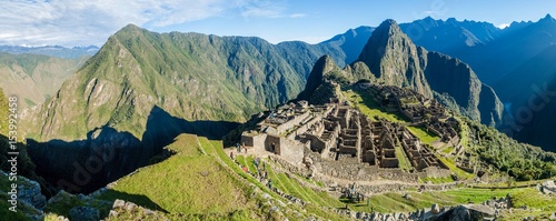 MACHU PICCHU, PERU - MAY 18, 2015: Panorama of Urubamba valley and Machu Picchu ruins, Peru.