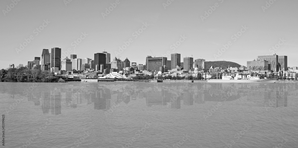 Black and white skyline of Montreal city, day