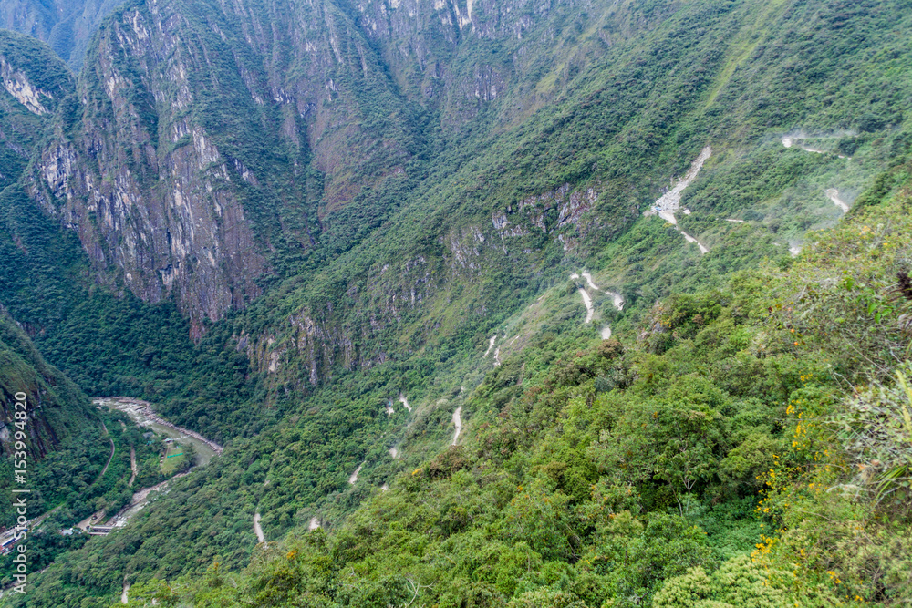 Fototapeta premium Hairpins turns on a road to Machu Picchu ruins, Peru