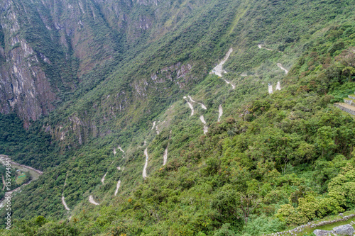Hairpins turns on a road to Machu Picchu ruins, Peru
