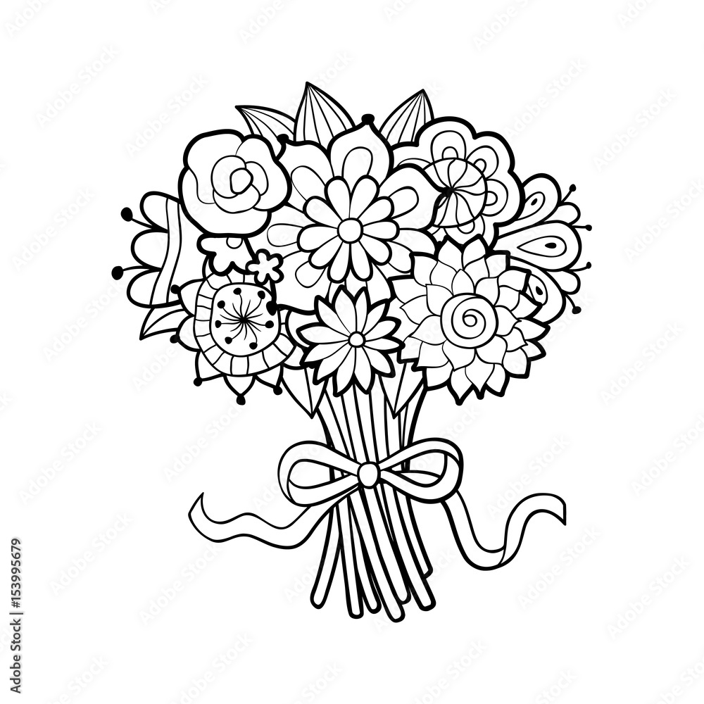 Flower bouquet decorated with bow. Black and white outline vector illustration, isolated on white. Antistress coloring page for adults Flower bouquet decorated with bow. Black and white outline vector illustration, isolated on white. Antistress coloring page for adults