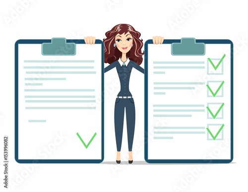 businesswoman with checklist. happy young woman . Stock vector illustration