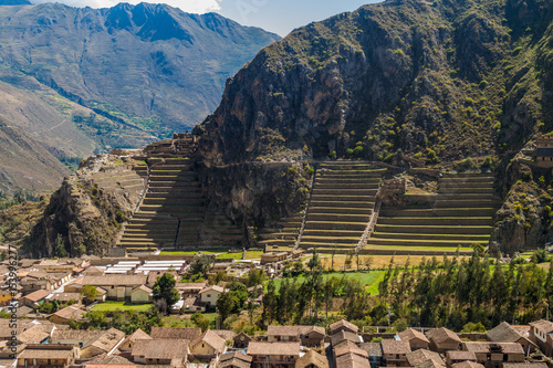 Aerial view of Ollantaytambo and Inca's agricultural terraces, Sacred Valley of Incas, Peru photo