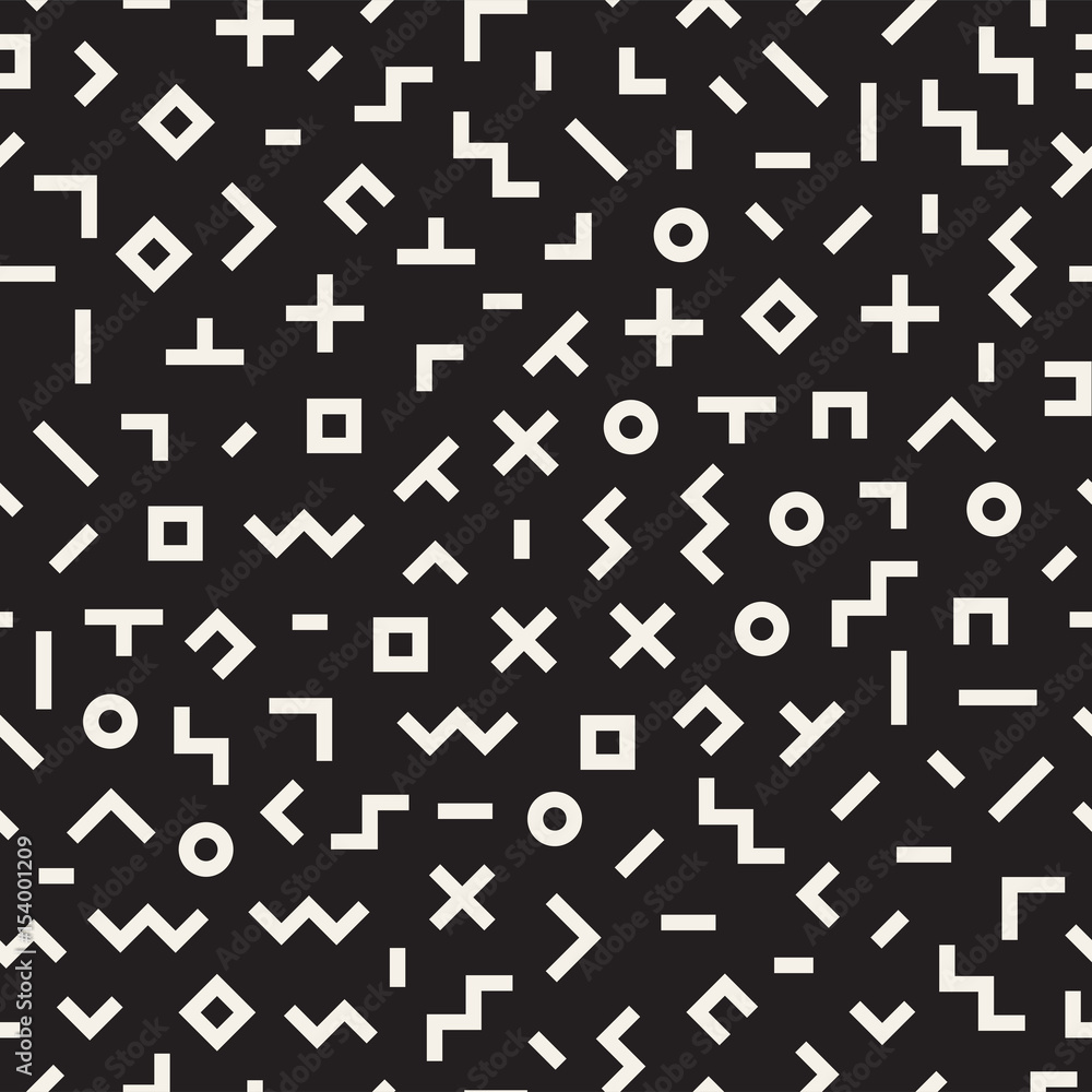 Scattered Geometric Shapes. Inspired by Memphis Style. Abstract Background Design. Vector Seamless Black and White Irregular Pattern. Scattered Geometric Shapes. Inspired by Memphis Style. Abstract Background Design. Vector Seamless Black and White Irregular Pattern.