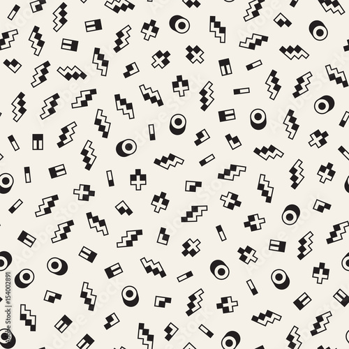 Seamless primitive jumble minimalism patterns. Randomly scattered geometric shapes. Abstract retro backgroun