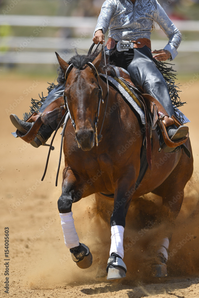 Obraz premium The front view of a rider in cowboy chaps and boots sliding the horse in the sand