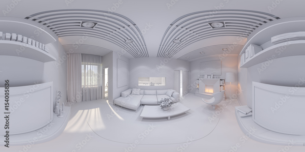 3d illustration of the interior design of the living room. The style of the apartment is modern without textures. Render is executed, 360 degree spherical seamless panorama for virtual reality. 
