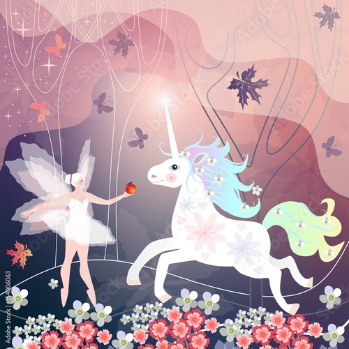 Dekoracja na wymiar  beautiful-fairy-girl-meets-white-unicorn-on-magic-floral-meadow