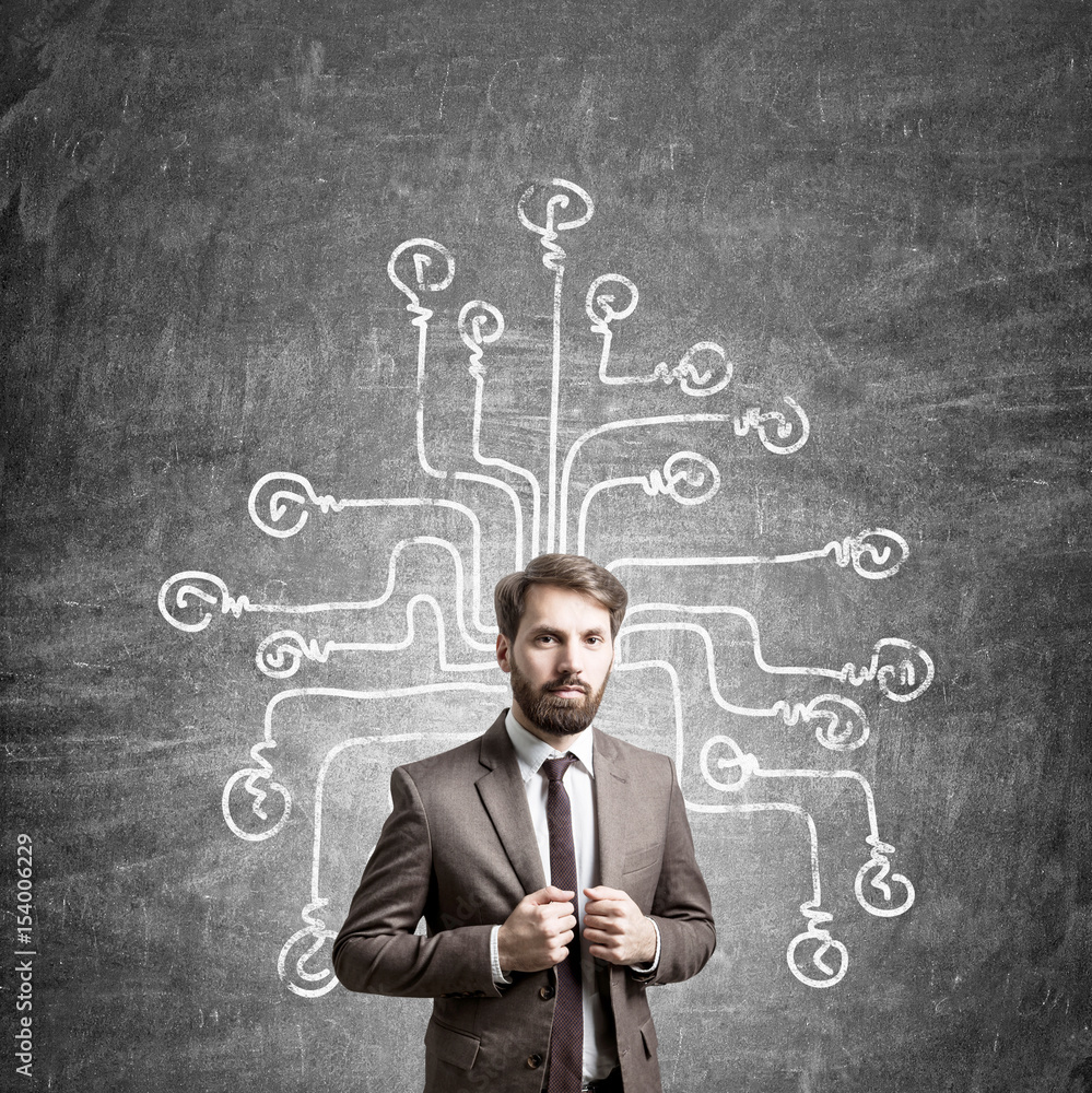 Confident businessman and light bulb network