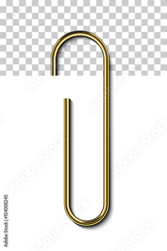 Gold metal paperclip isolated and attached to white paper