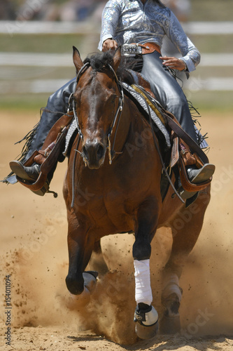 The front view of a rider in cowboy chaps and boots sliding the horse in the sand © PROMA