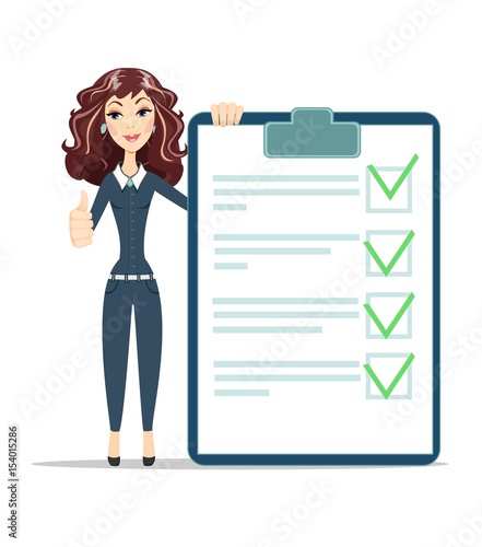 businesswoman with checklist. happy young woman .thumbs up. Stock vector illustration