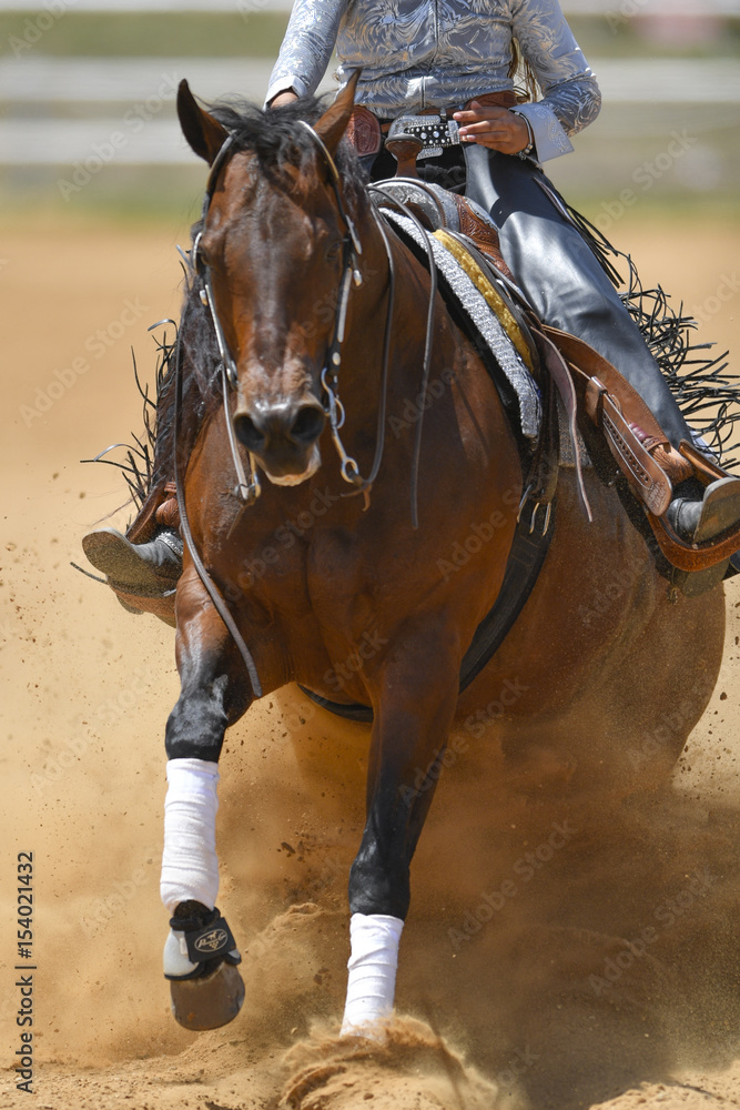 Obraz premium The front view of a rider in cowboy chaps and boots sliding the horse in the sand