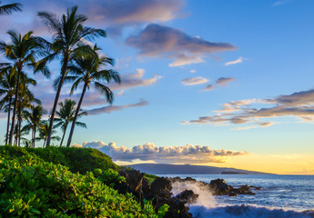 Acrylglasbilder Tropischer Strand Hawaiianischer Sonnenuntergang am Strand von Maui  © hildeanna