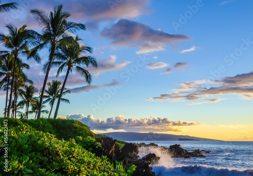Beautiful tropical beach at sunset. Palm trees and lush local foliage.  Water splashing on lava rocks.  Tourist destination location at Maui  Hawaii