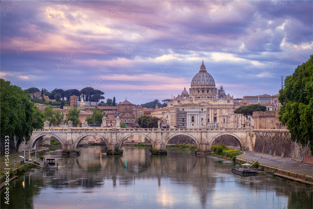 Scenic view of colorful sunrise over St Peters basilica in Rome
