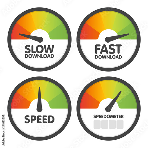 Round Speedometers set with slow and fast speed download. Vector illustration