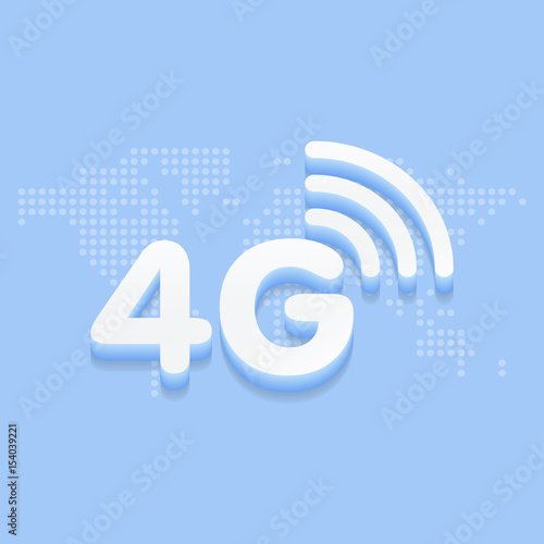 4G fast internet 3d sign in blue background and dotted world map vector illustration