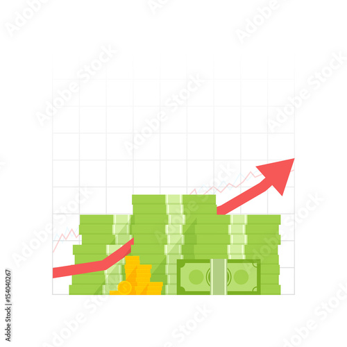Money growth icon. Pile dollar and gold coins with up arrow. Vector illustration