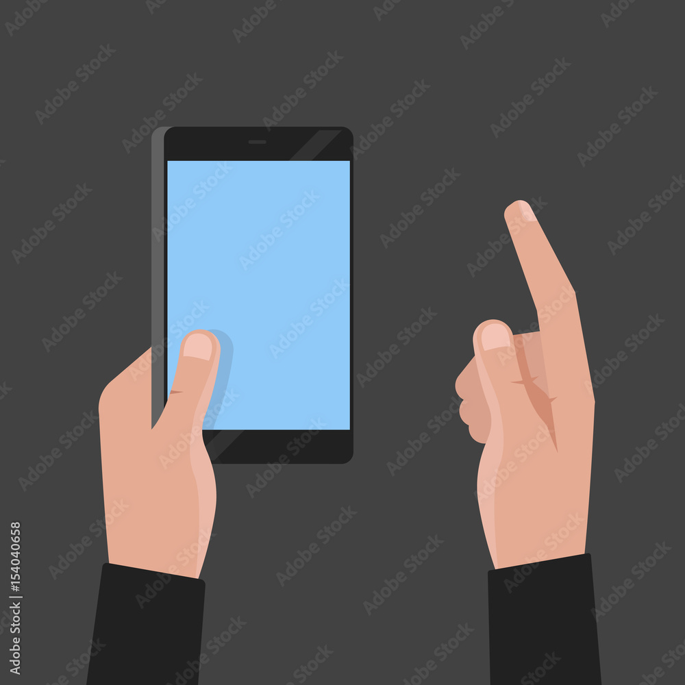 Hand holding phone and touch smartphone screen vector illustration