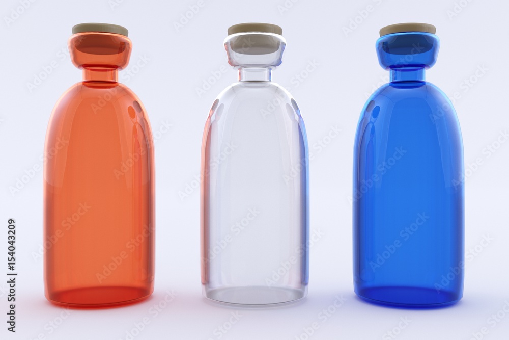 3D render of three bottles of red, white and blue. Isolated on white background 3D render of three bottles of red, white and blue. Isolated on white background
