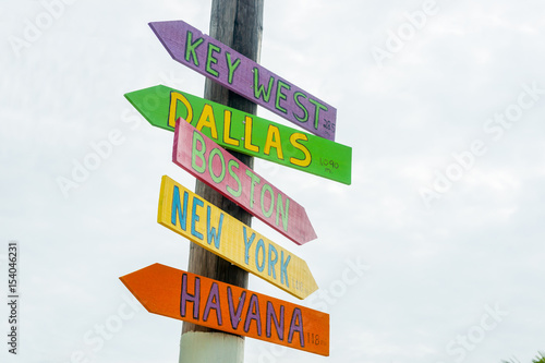 Colorful direction signs to major cities at Little Torch Key  Maimi