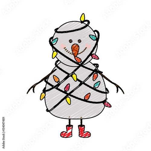 color crayon stripe cartoon of snowman with red boots and tangled in cord lights christmas vector illustration