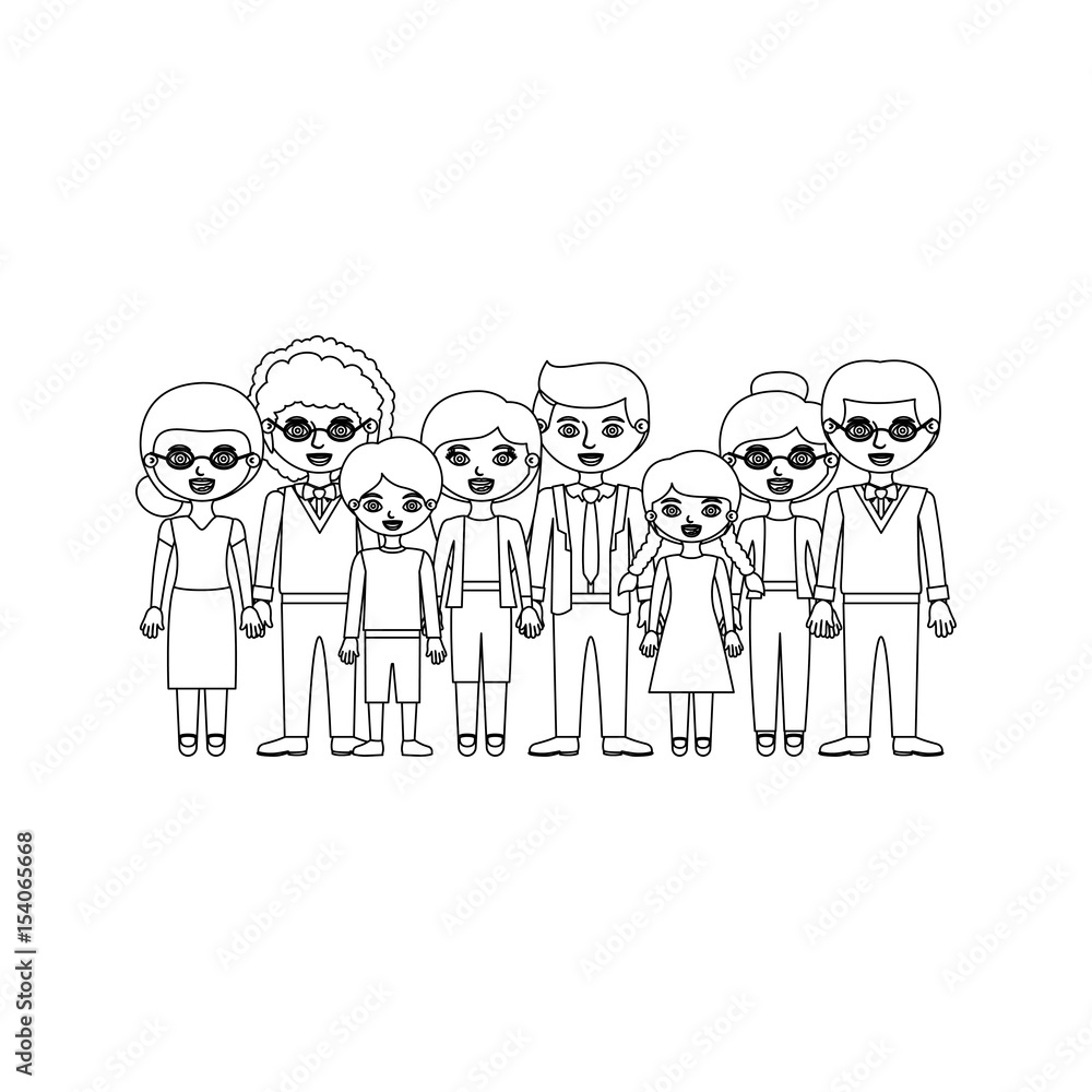 monochrome silhouette with family group with informal clothes and some adults with glasses and a man with curly hair vector illustration