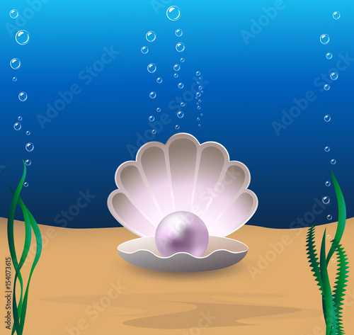 Marine cockleshell with a pearl on a sea-bottom.