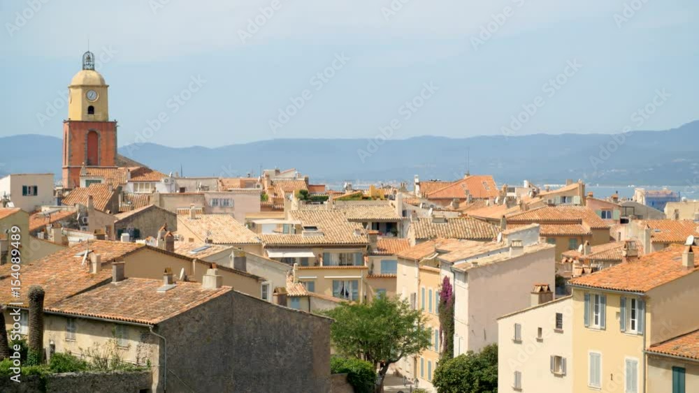 Long shot of yellow houses in St Tropez Long shot of yellow houses in St Tropez
