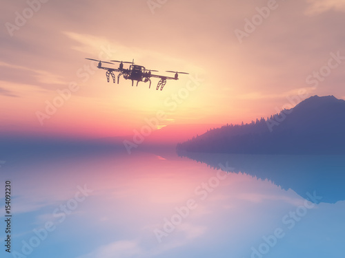 3D drone flying over a sunset ocean