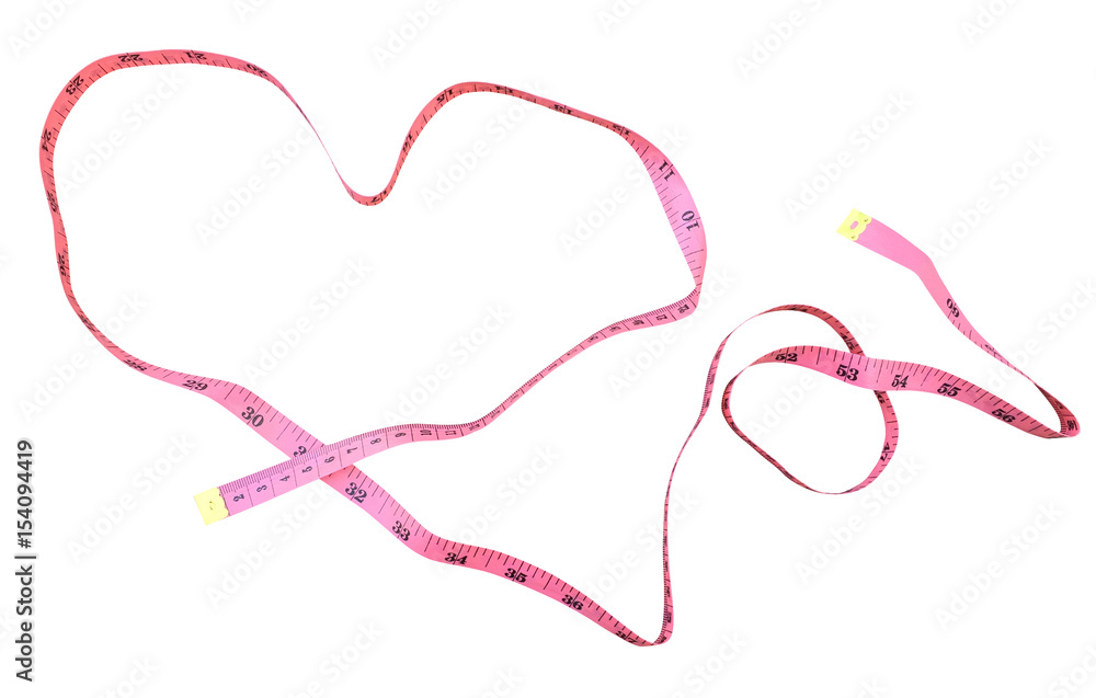 Pink measuring tape in heart shape isolated white background Pink measuring tape in heart shape isolated white background