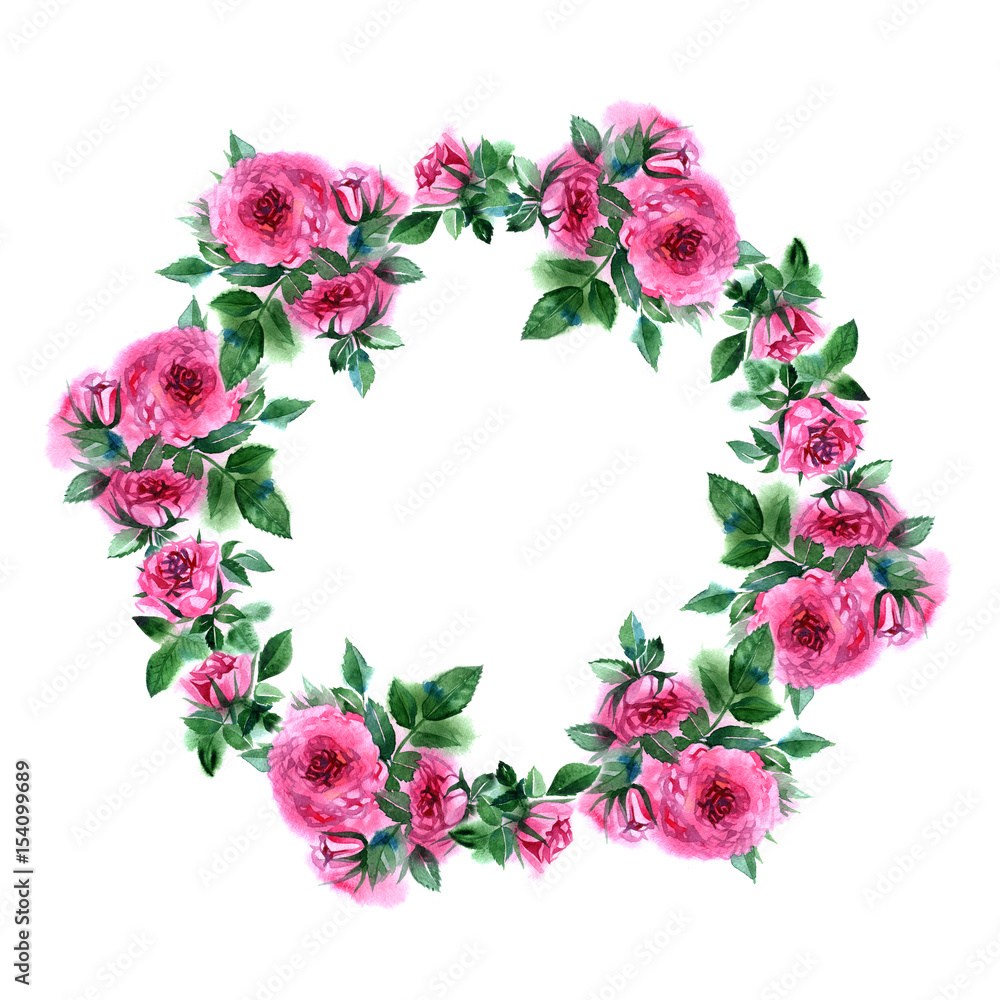 Rose flower wreath. Floral circle border. Watercolor frame