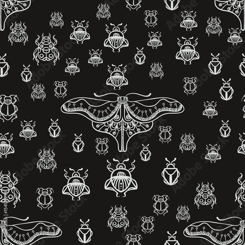 Seamless pattern with white bugs on a black background