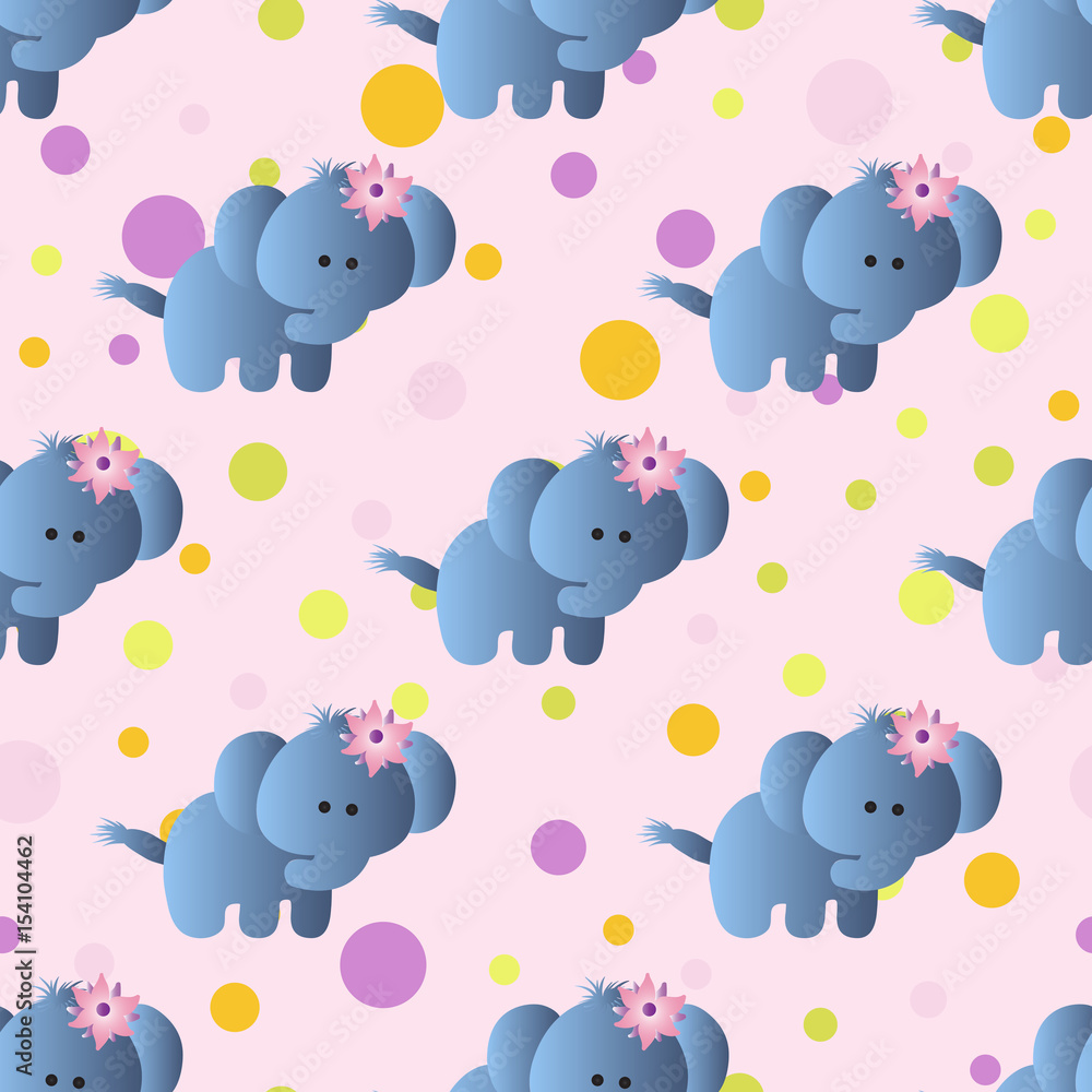 Fototapeta premium seamless pattern with cartoon cute toy baby elephant and Circles on a light pink background